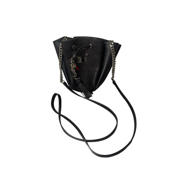 SAINT LAURENT MONOGRAM EMBELLISHED BLACK LEATHER MINI BUCKET BAG - Picture 1 of 5